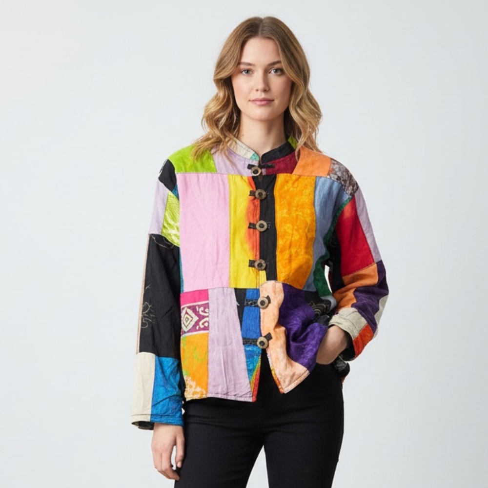 Vintage Colorblock Patchwork Button-Up Art-to-wear Jacket - Multicolor